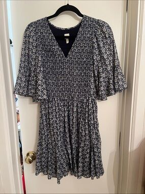La Vie Rebecca Taylor Blue Smocked Flutter Sleeve Mini Dress Size Small
